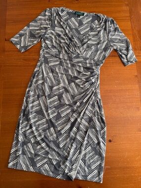 Ralph Lauren Gray and Cream Faux-Wrap Midi Dress